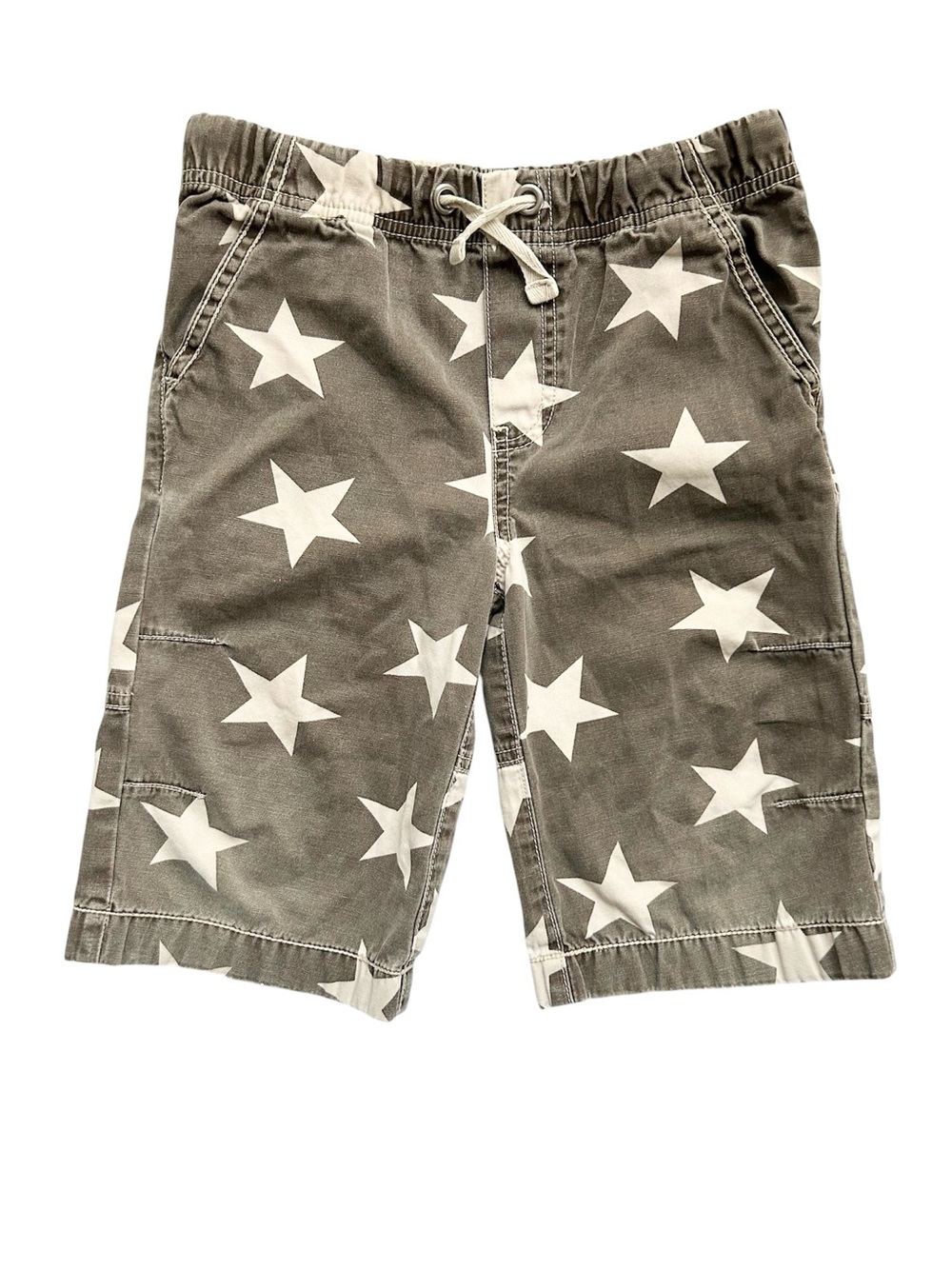 Mini Boden Gray Tan Stars Cotton Shorts Elastic Waistband Pockets Size 6 YR